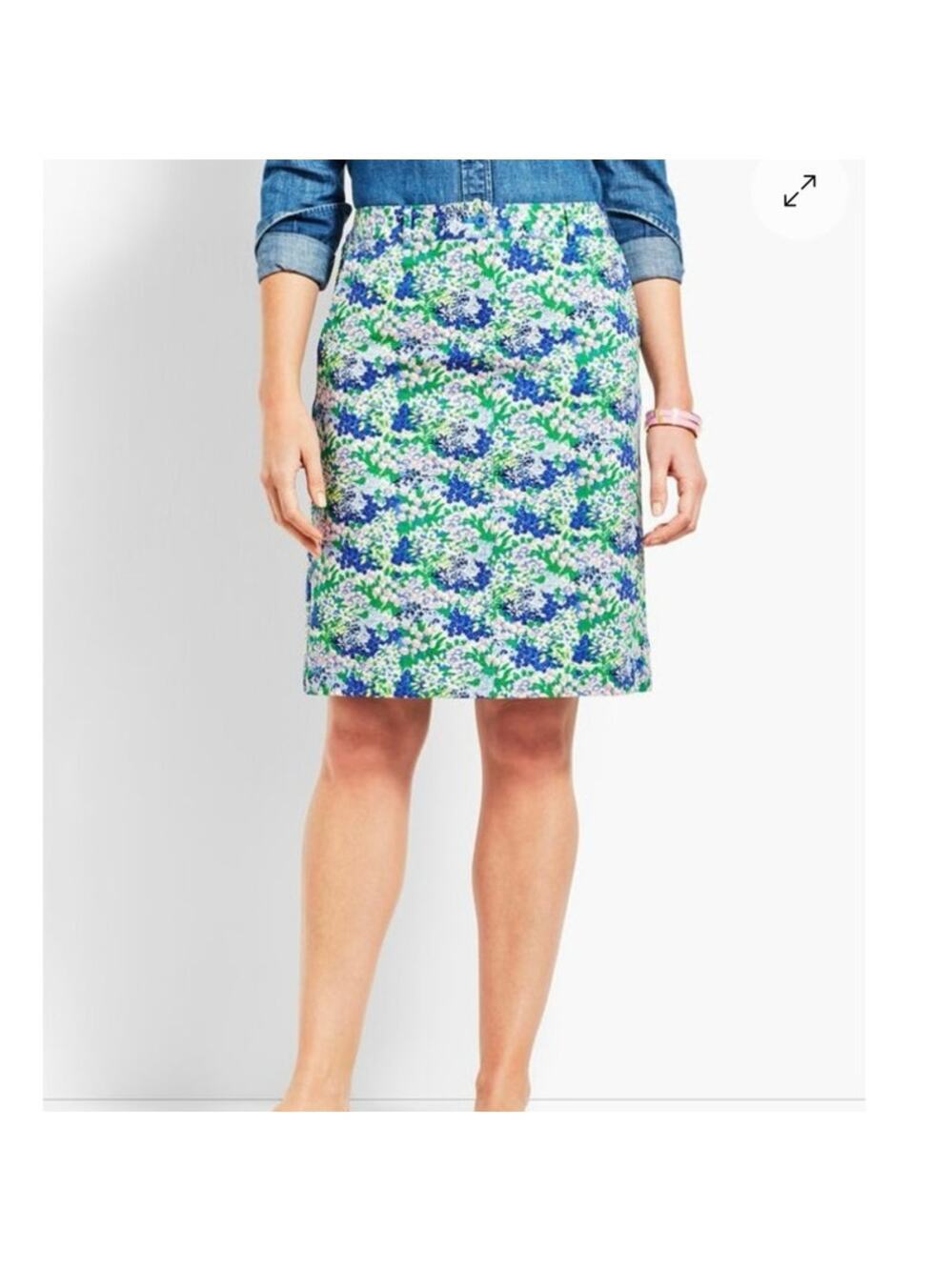 Talbots Floral Print Skirt Womens Sz 10 Pink Green Stretch Cotton Spring Garden​